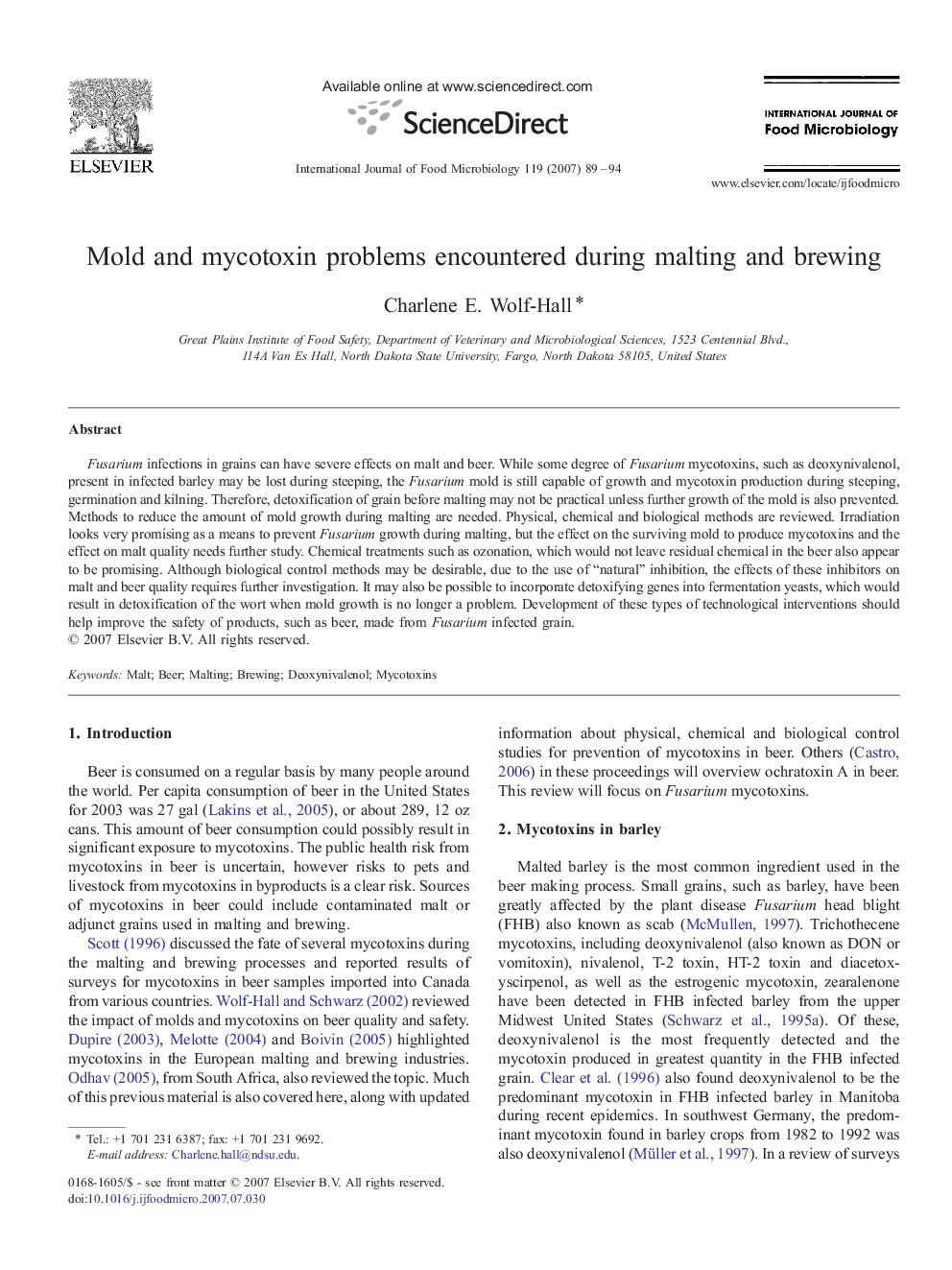 Mold and mycotoxin problems encountered during malting and brewing