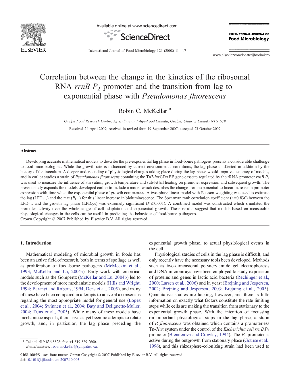 Correlation between the change in the kinetics of the ribosomal RNA rrnB P2 promoter and the transition from lag to exponential phase with Pseudomonas fluorescens