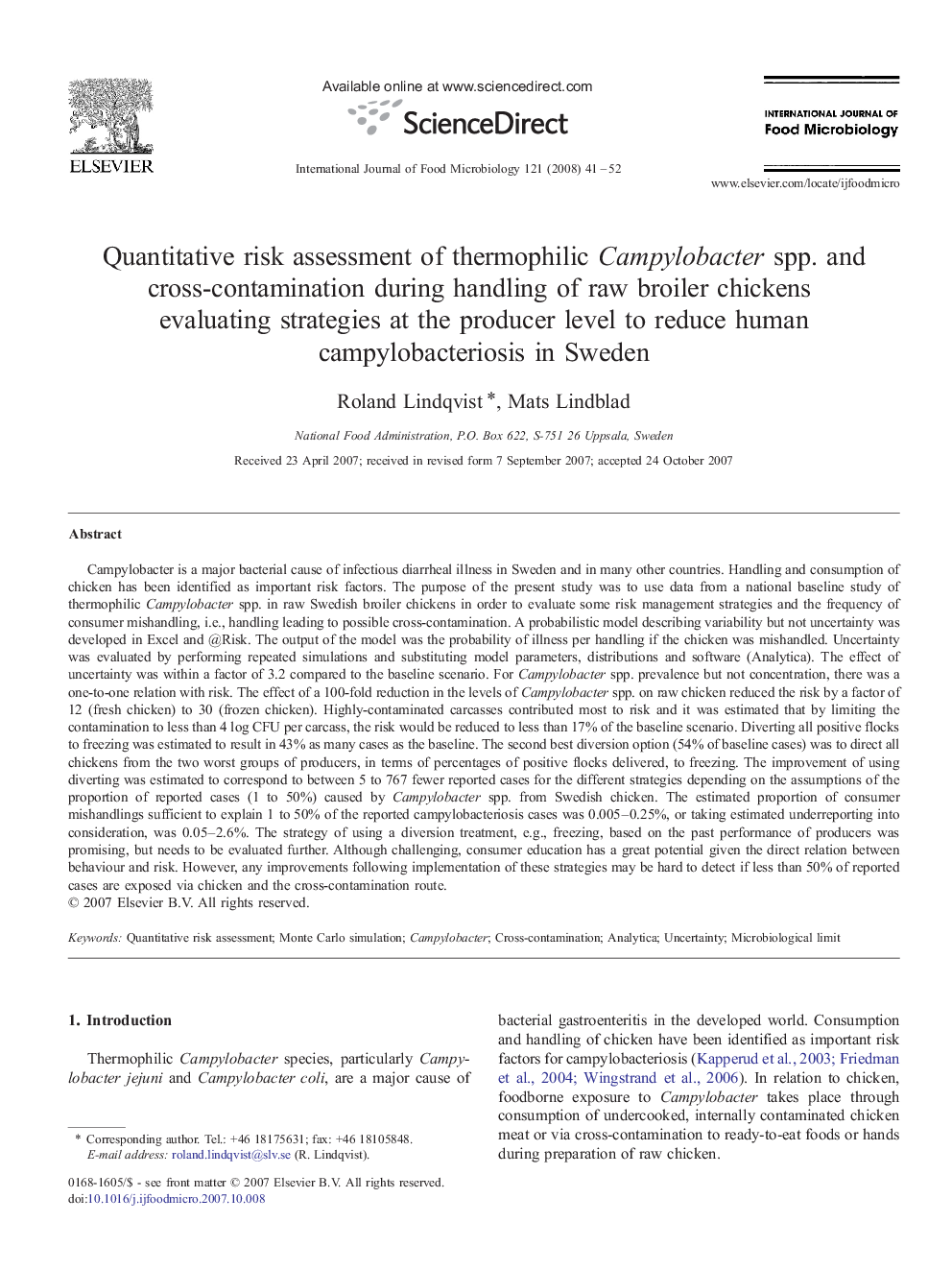 Quantitative risk assessment of thermophilic Campylobacter spp. and cross-contamination during handling of raw broiler chickens evaluating strategies at the producer level to reduce human campylobacteriosis in Sweden