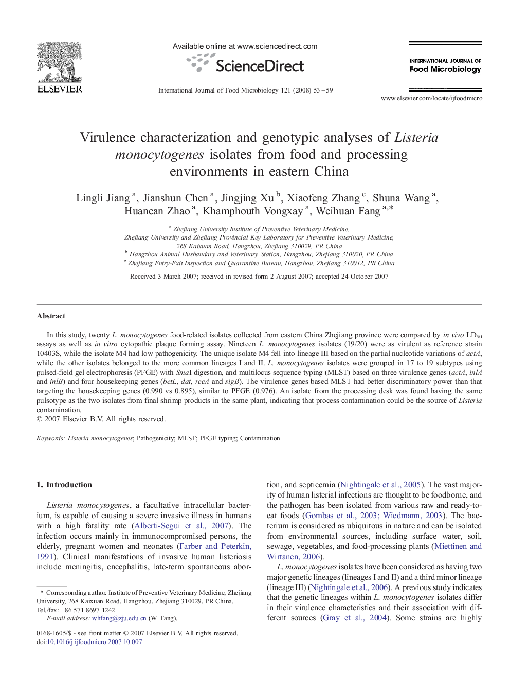 Virulence characterization and genotypic analyses of Listeria monocytogenes isolates from food and processing environments in eastern China