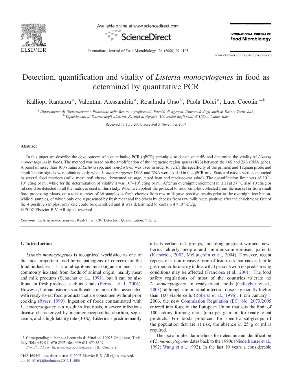 Detection, quantification and vitality of Listeria monocytogenes in food as determined by quantitative PCR