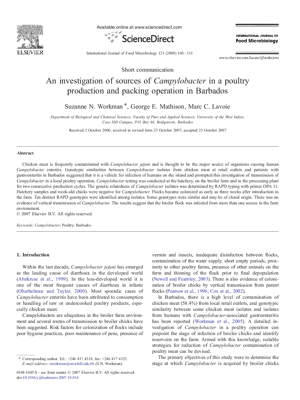 An investigation of sources of Campylobacter in a poultry production and packing operation in Barbados