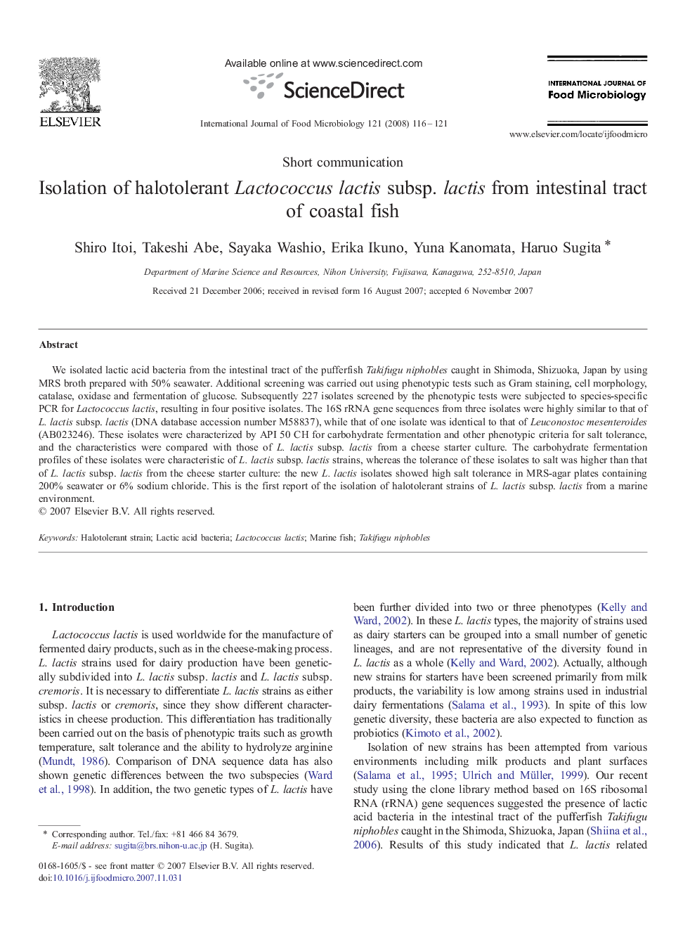 Isolation of halotolerant Lactococcus lactis subsp. lactis from intestinal tract of coastal fish