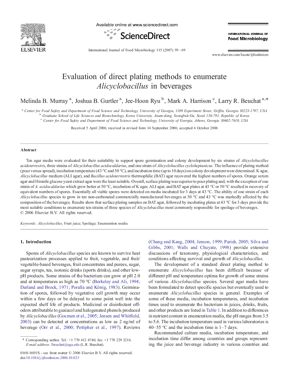 Evaluation of direct plating methods to enumerate Alicyclobacillus in beverages