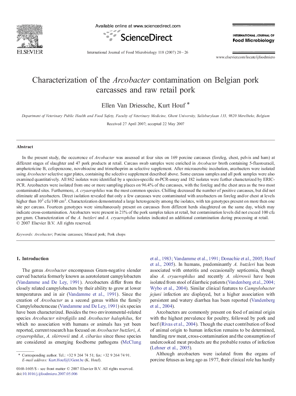 Characterization of the Arcobacter contamination on Belgian pork carcasses and raw retail pork