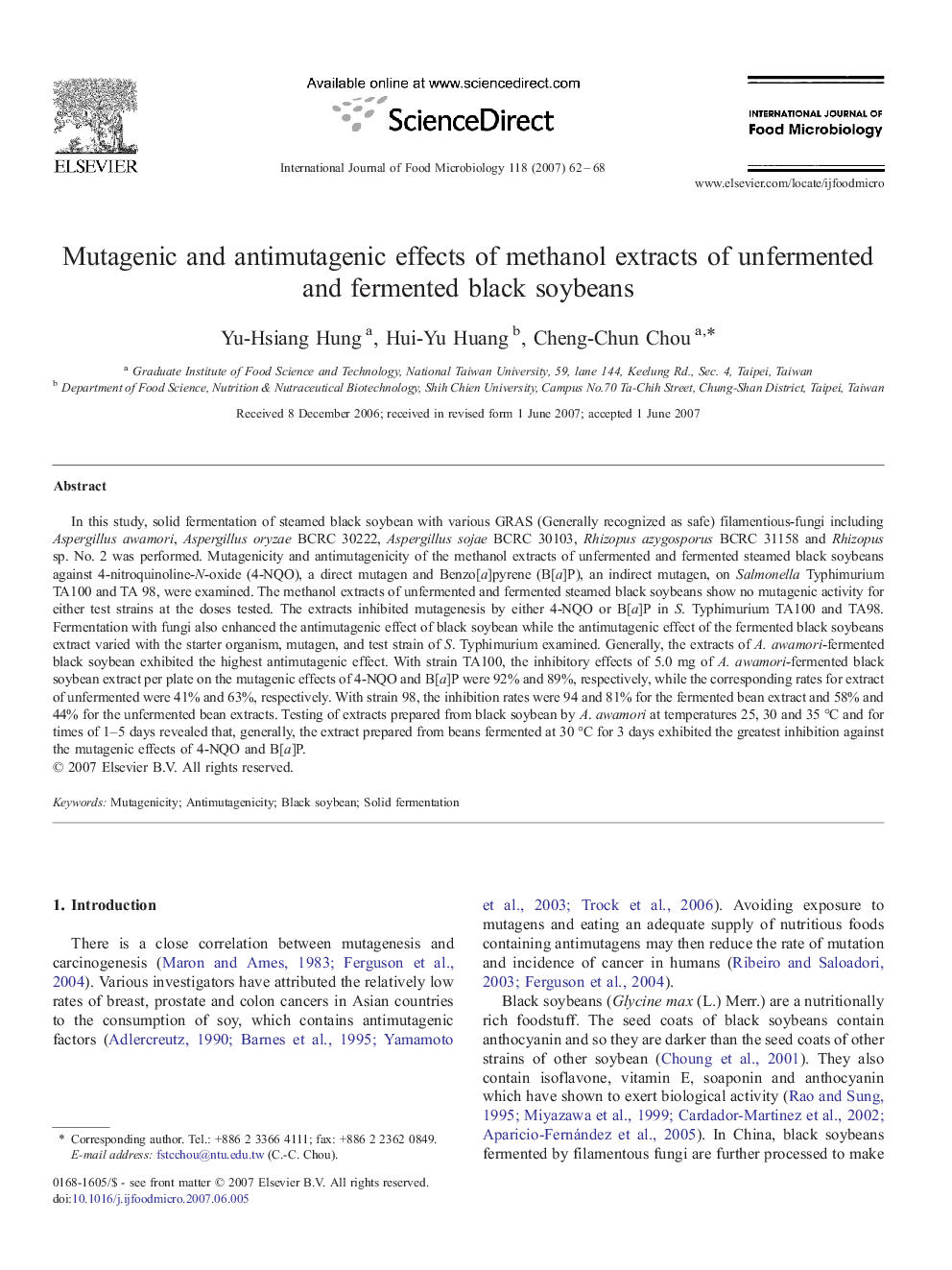 Mutagenic and antimutagenic effects of methanol extracts of unfermented and fermented black soybeans