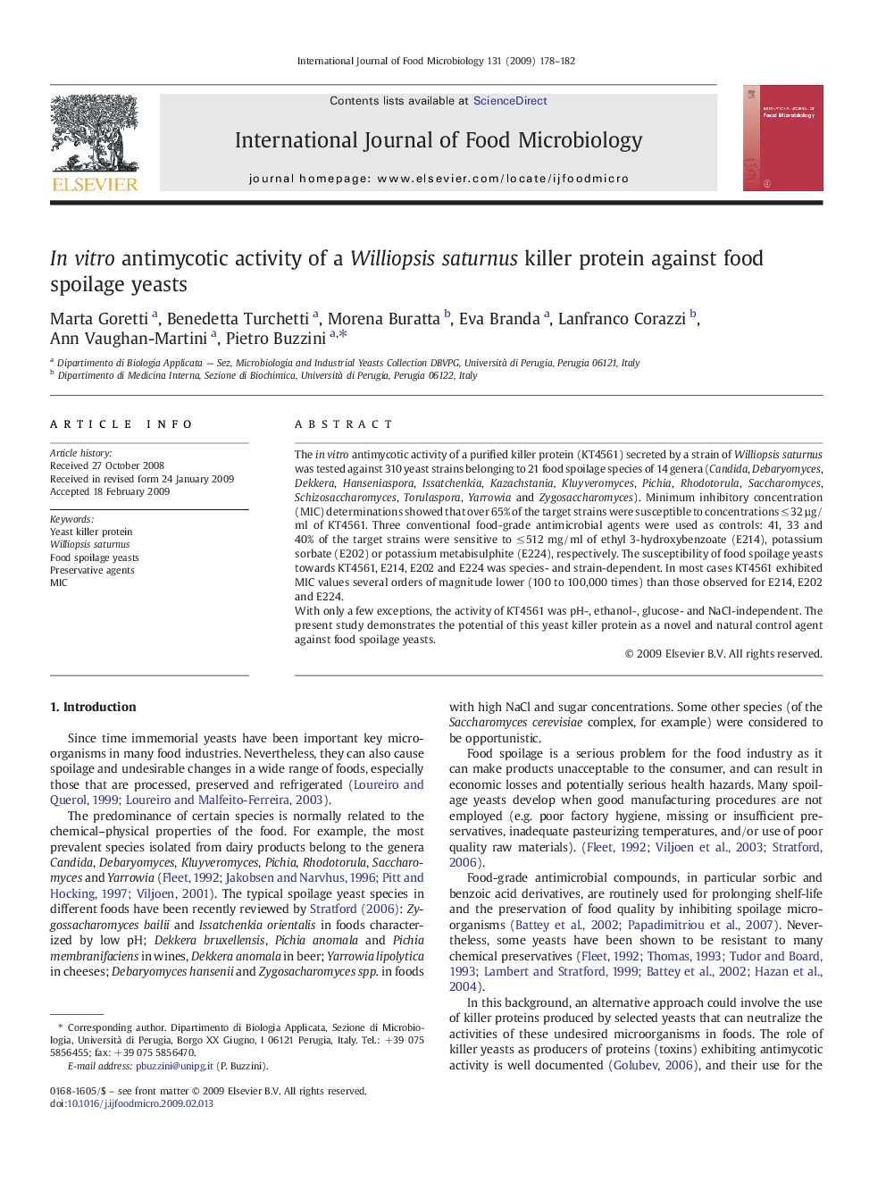In vitro antimycotic activity of a Williopsis saturnus killer protein against food spoilage yeasts