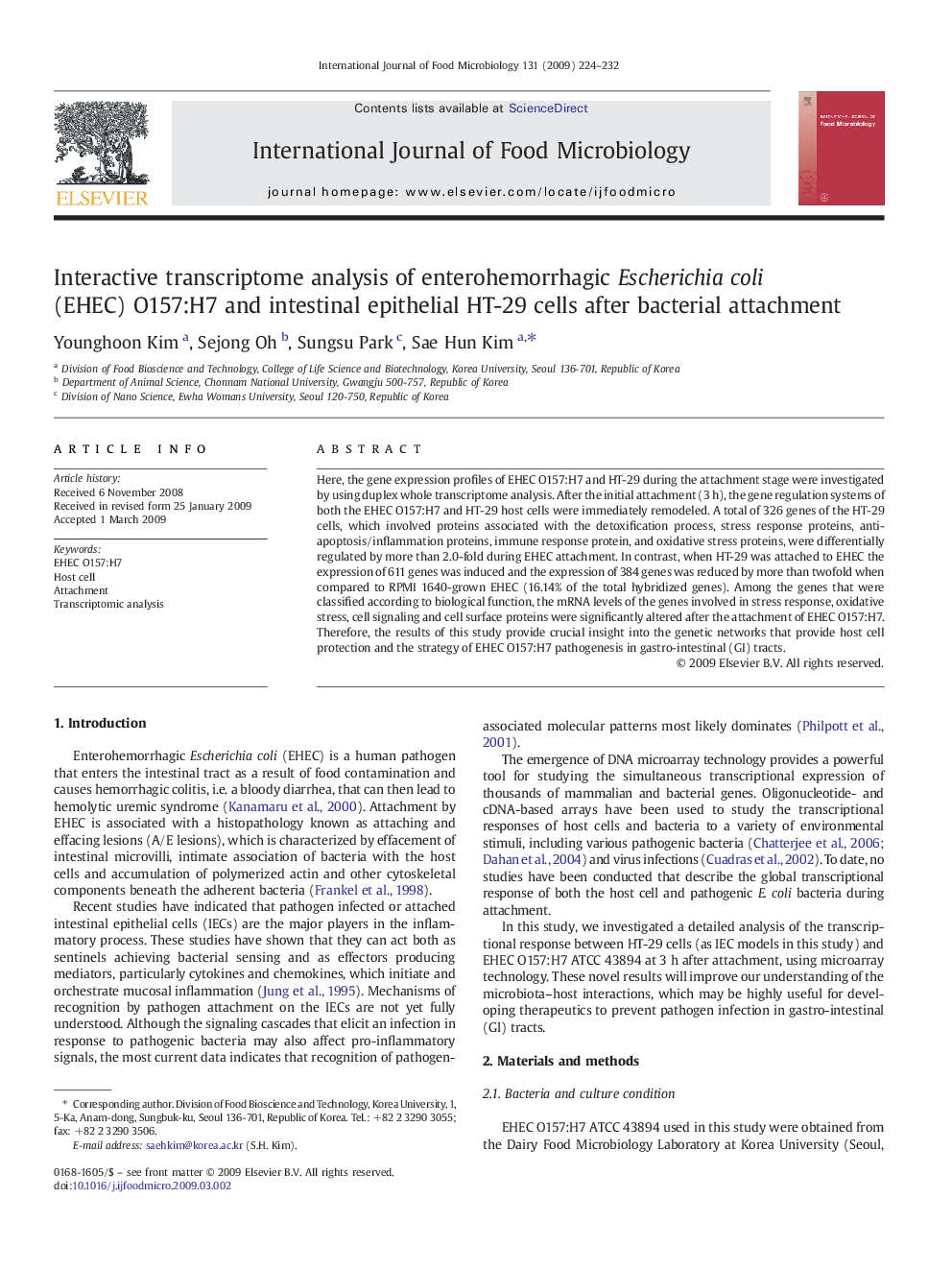 Interactive transcriptome analysis of enterohemorrhagic Escherichia coli (EHEC) O157:H7 and intestinal epithelial HT-29 cells after bacterial attachment