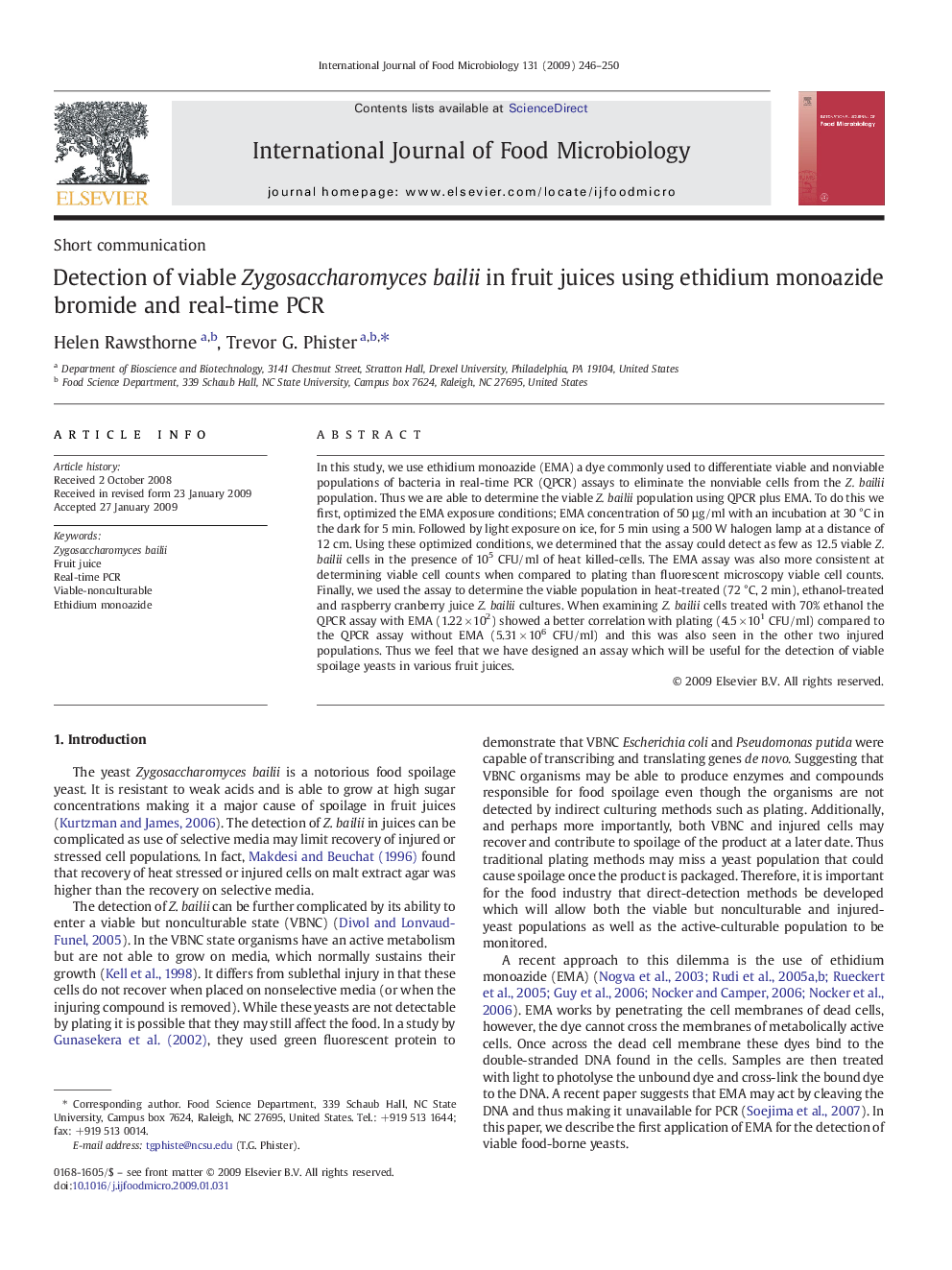 Detection of viable Zygosaccharomyces bailii in fruit juices using ethidium monoazide bromide and real-time PCR