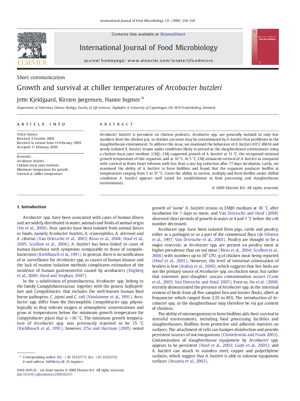 Growth and survival at chiller temperatures of Arcobacter butzleri