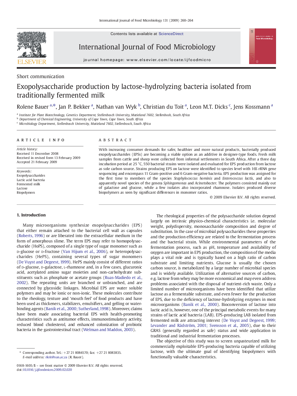 Exopolysaccharide production by lactose-hydrolyzing bacteria isolated from traditionally fermented milk