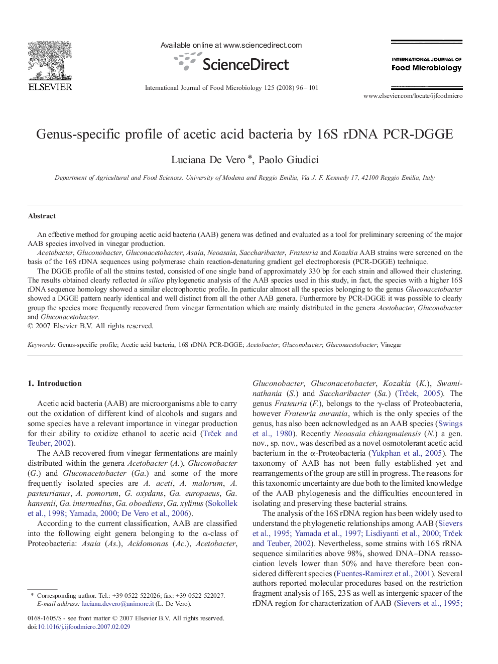 Genus-specific profile of acetic acid bacteria by 16S rDNA PCR-DGGE