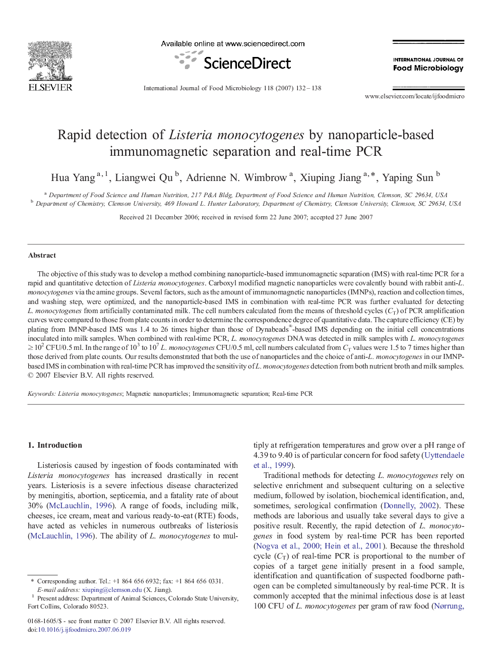 Rapid detection of Listeria monocytogenes by nanoparticle-based immunomagnetic separation and real-time PCR