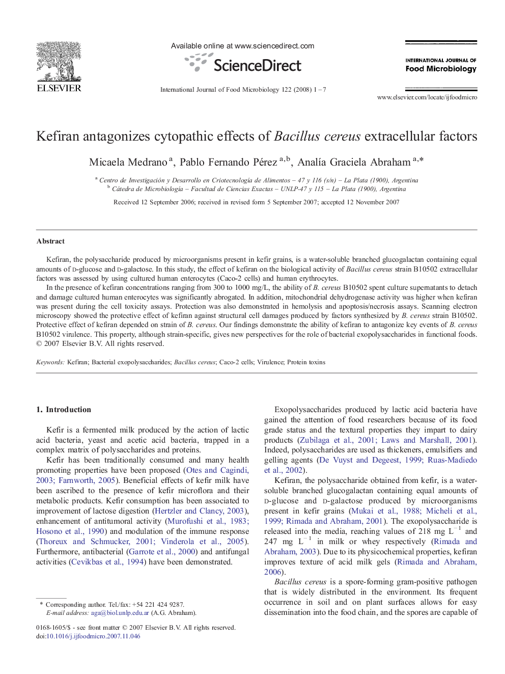 Kefiran antagonizes cytopathic effects of Bacillus cereus extracellular factors