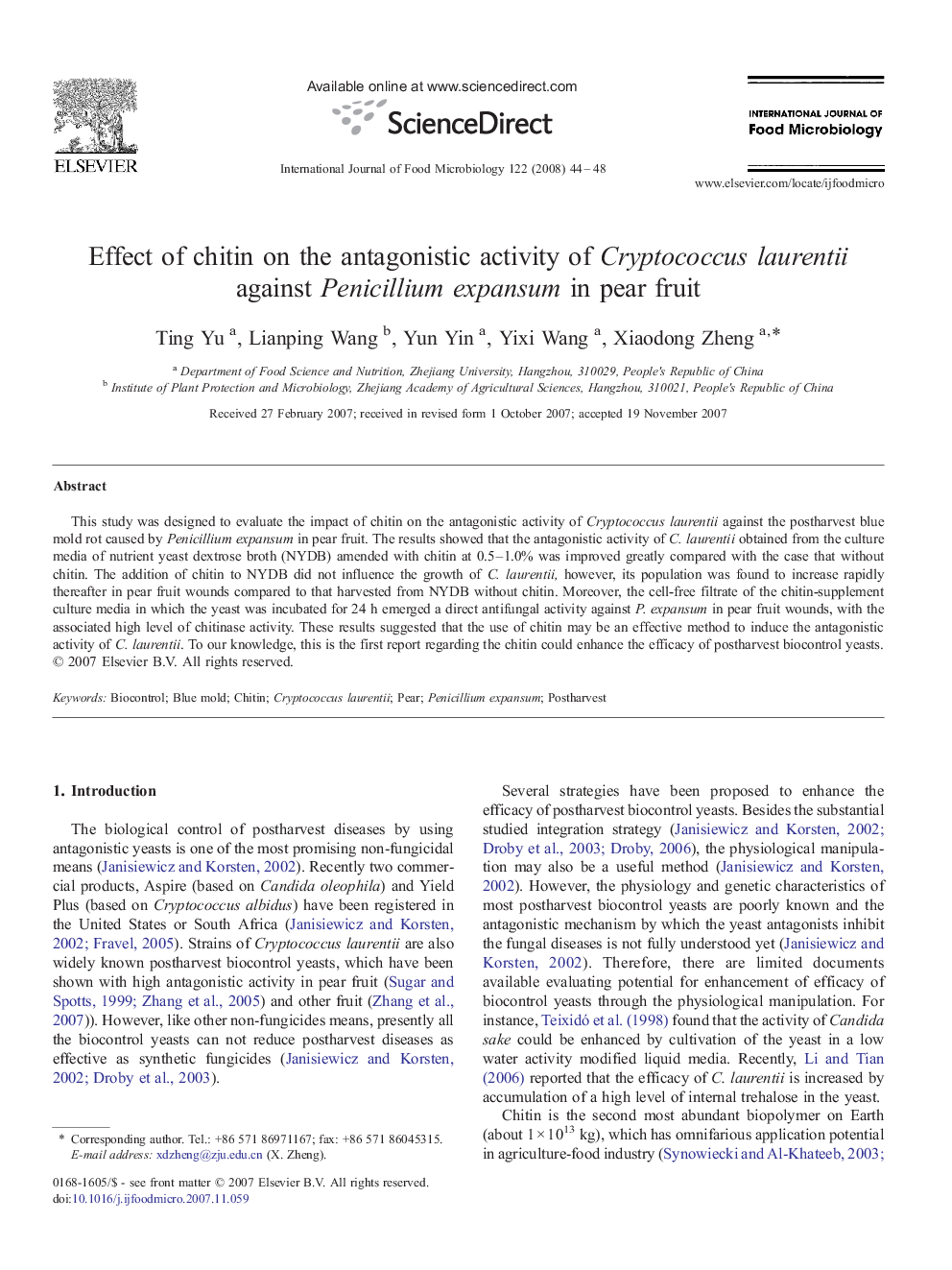 Effect of chitin on the antagonistic activity of Cryptococcus laurentii against Penicillium expansum in pear fruit