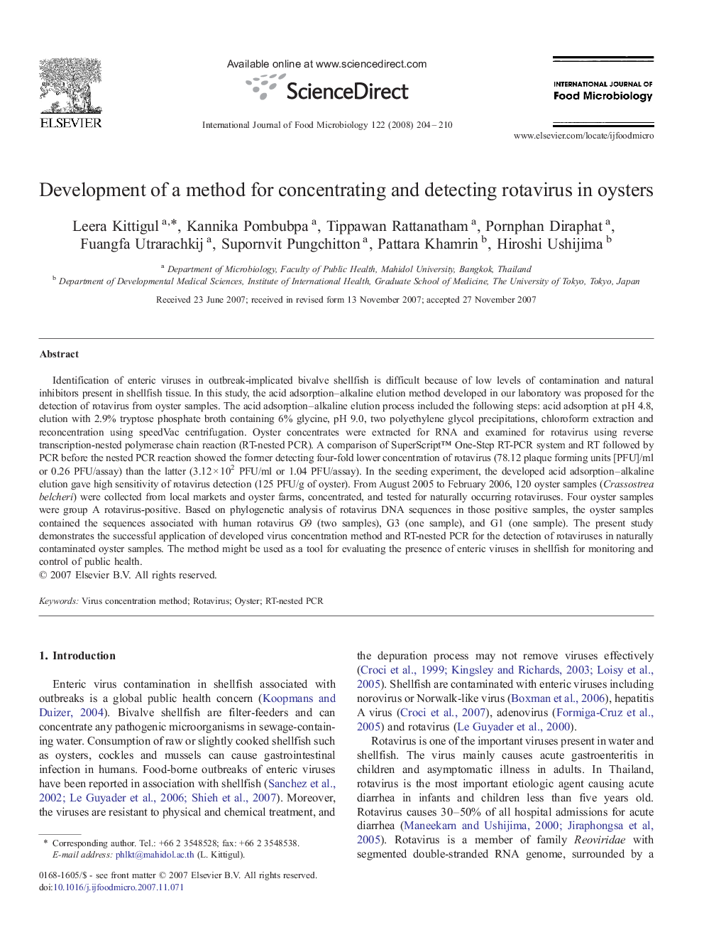 Development of a method for concentrating and detecting rotavirus in oysters