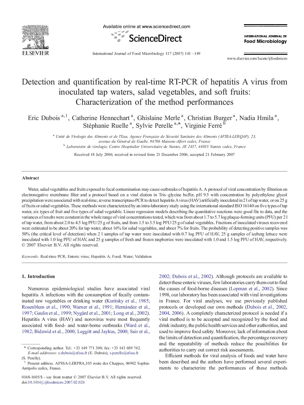 Detection and quantification by real-time RT-PCR of hepatitis A virus from inoculated tap waters, salad vegetables, and soft fruits: Characterization of the method performances