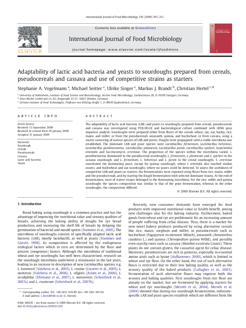 Adaptability of lactic acid bacteria and yeasts to sourdoughs prepared from cereals, pseudocereals and cassava and use of competitive strains as starters