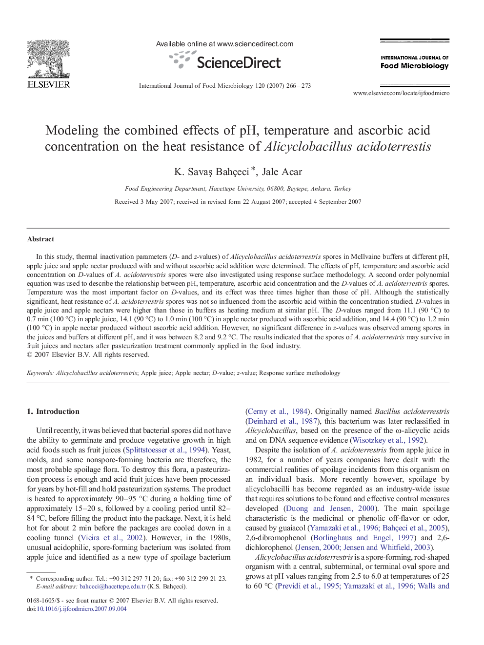 Modeling the combined effects of pH, temperature and ascorbic acid concentration on the heat resistance of Alicyclobacillus acidoterrestis