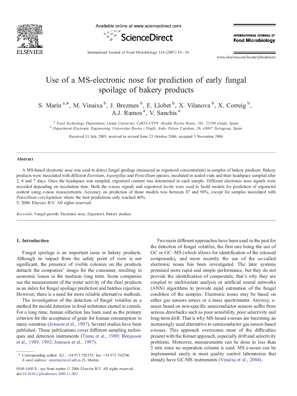 Use of a MS-electronic nose for prediction of early fungal spoilage of bakery products