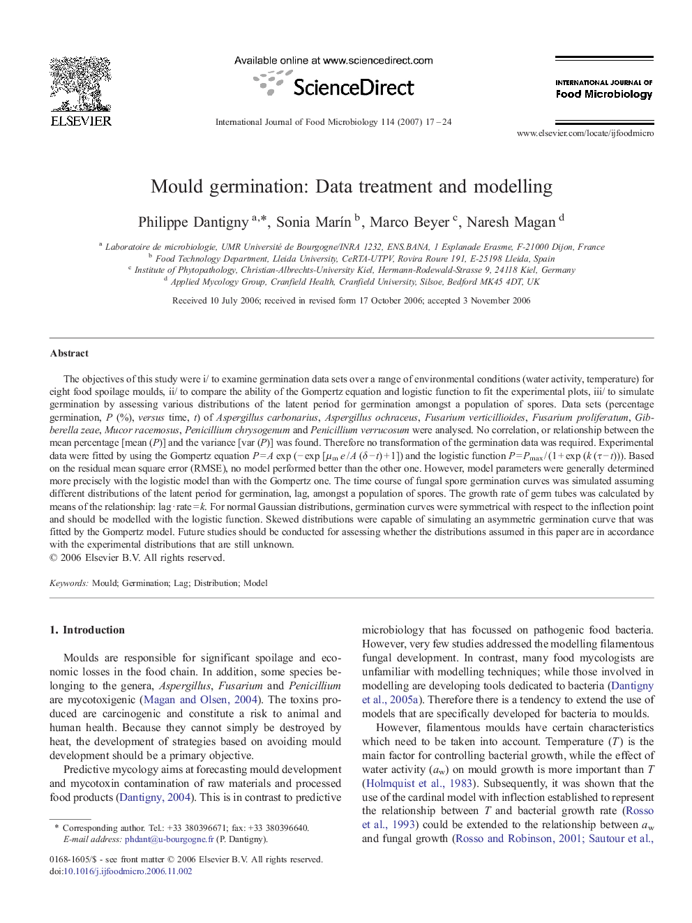 Mould germination: Data treatment and modelling