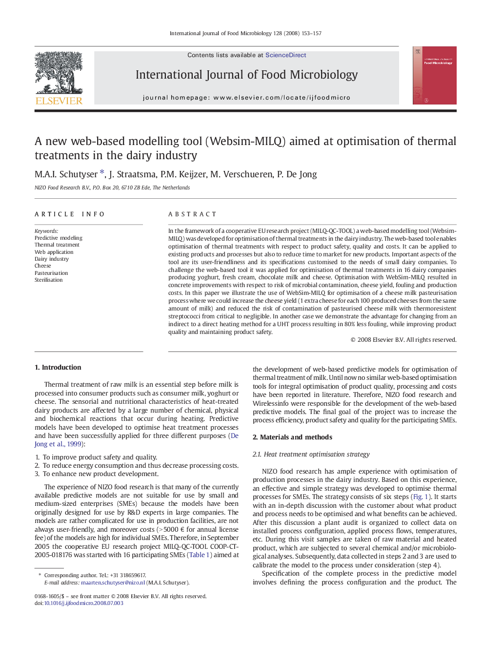 A new web-based modelling tool (Websim-MILQ) aimed at optimisation of thermal treatments in the dairy industry