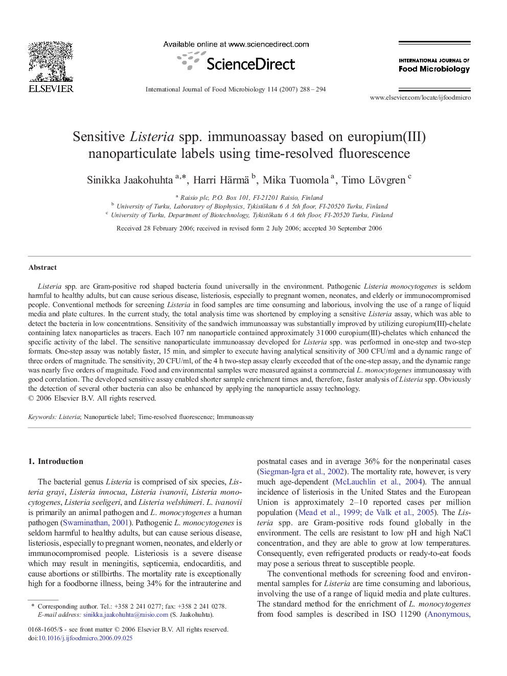 Sensitive Listeria spp. immunoassay based on europium(III) nanoparticulate labels using time-resolved fluorescence