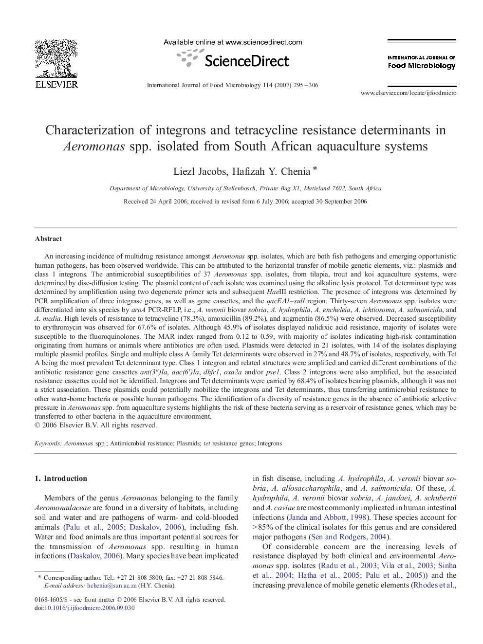 Characterization of integrons and tetracycline resistance determinants in Aeromonas spp. isolated from South African aquaculture systems