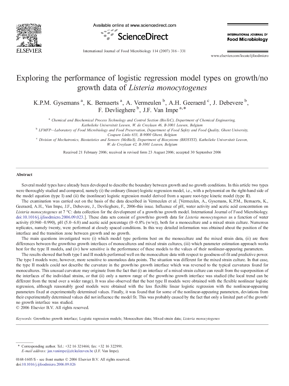 Exploring the performance of logistic regression model types on growth/no growth data of Listeria monocytogenes