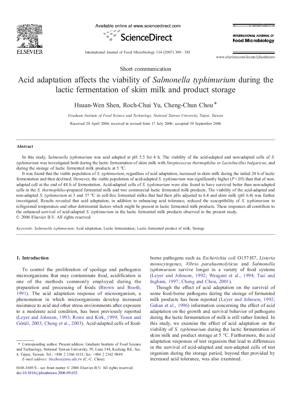 Acid adaptation affects the viability of Salmonella typhimurium during the lactic fermentation of skim milk and product storage