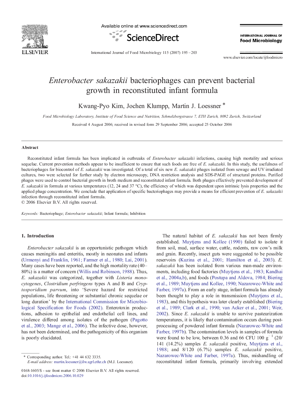 Enterobacter sakazakii bacteriophages can prevent bacterial growth in reconstituted infant formula