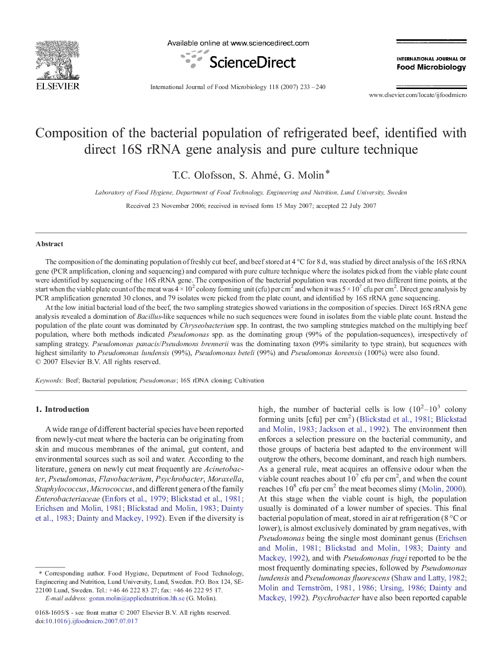 Composition of the bacterial population of refrigerated beef, identified with direct 16S rRNA gene analysis and pure culture technique