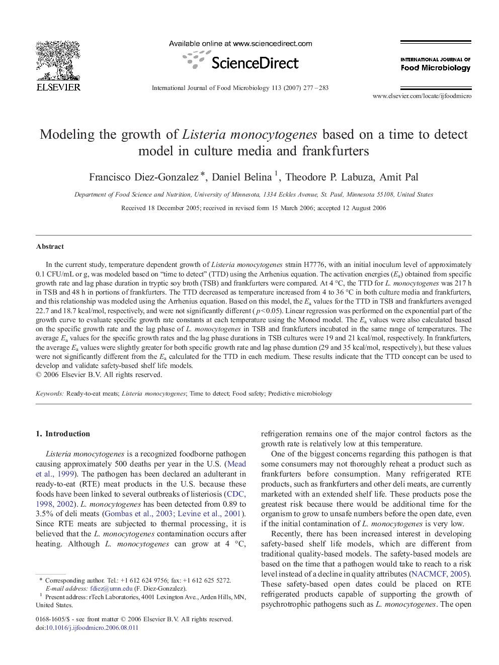 Modeling the growth of Listeria monocytogenes based on a time to detect model in culture media and frankfurters