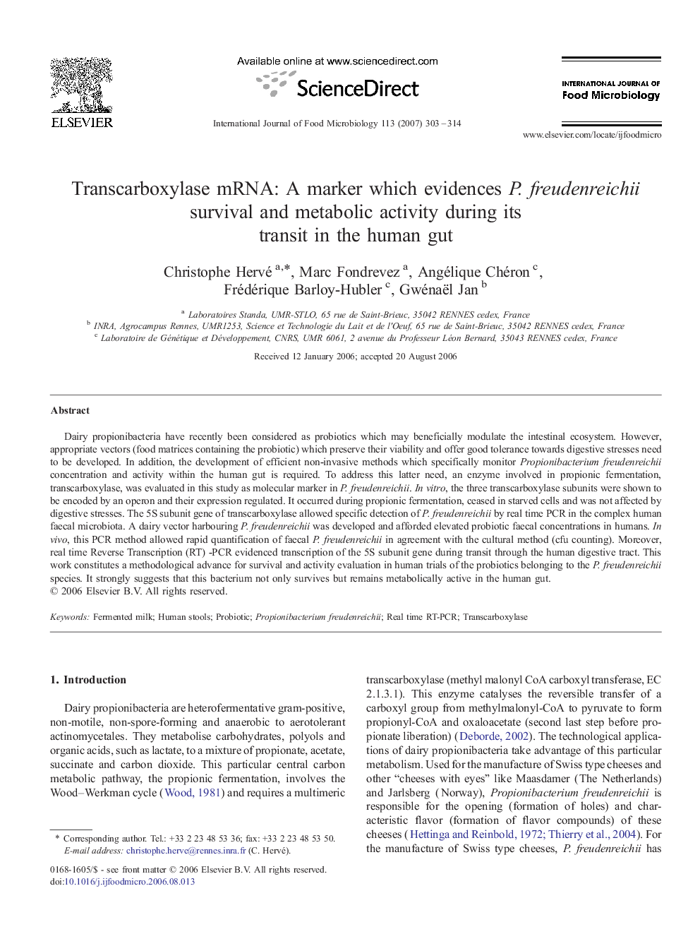 Transcarboxylase mRNA: A marker which evidences P. freudenreichii survival and metabolic activity during its transit in the human gut