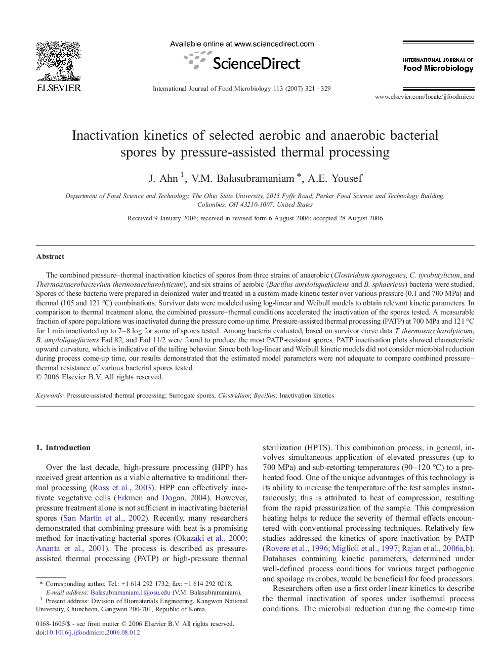 Inactivation kinetics of selected aerobic and anaerobic bacterial spores by pressure-assisted thermal processing