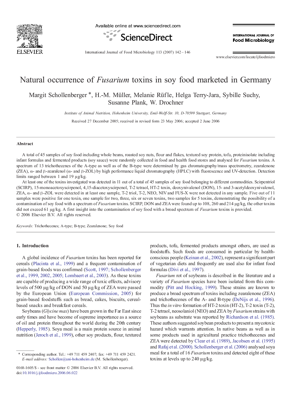 Natural occurrence of Fusarium toxins in soy food marketed in Germany