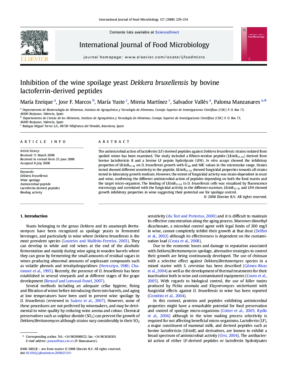 Inhibition of the wine spoilage yeast Dekkera bruxellensis by bovine lactoferrin-derived peptides