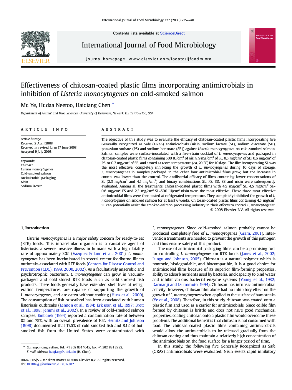 Effectiveness of chitosan-coated plastic films incorporating antimicrobials in inhibition of Listeria monocytogenes on cold-smoked salmon