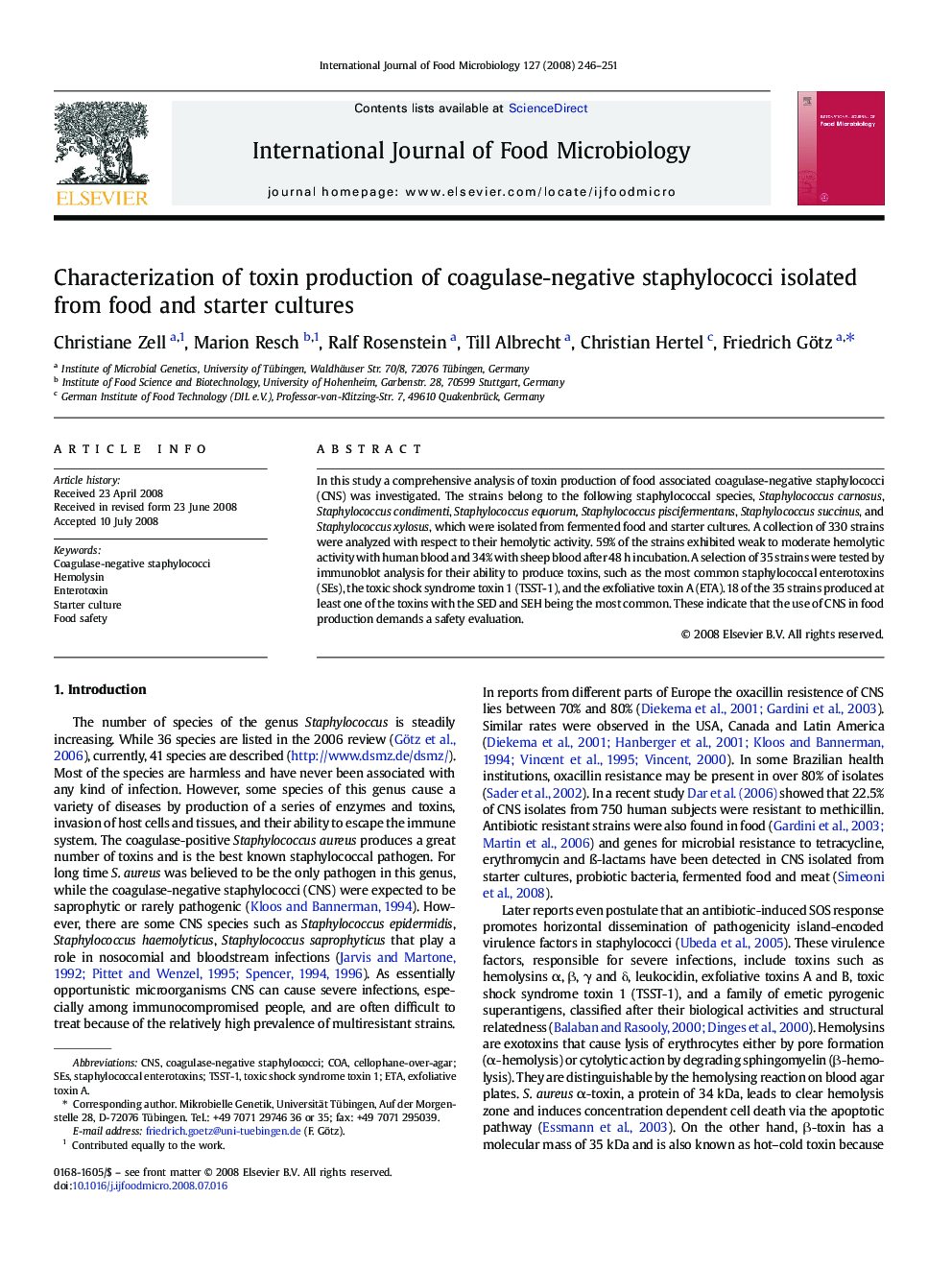 Characterization of toxin production of coagulase-negative staphylococci isolated from food and starter cultures