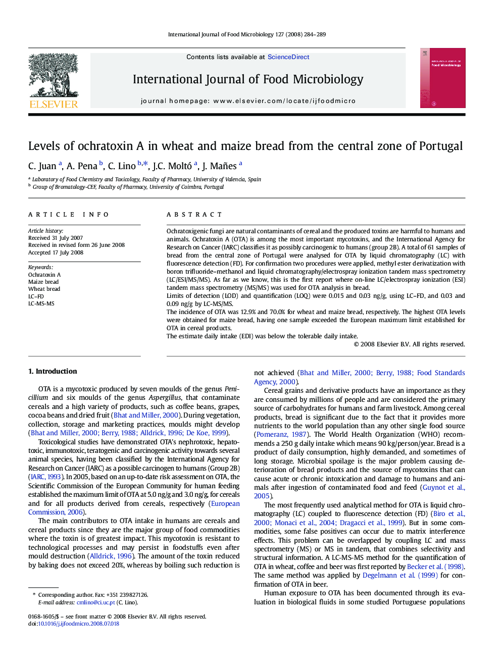 Levels of ochratoxin A in wheat and maize bread from the central zone of Portugal