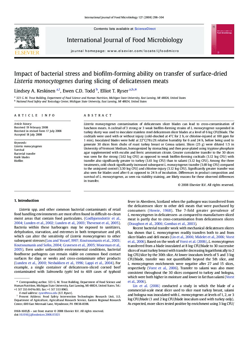 Impact of bacterial stress and biofilm-forming ability on transfer of surface-dried Listeria monocytogenes during slicing of delicatessen meats