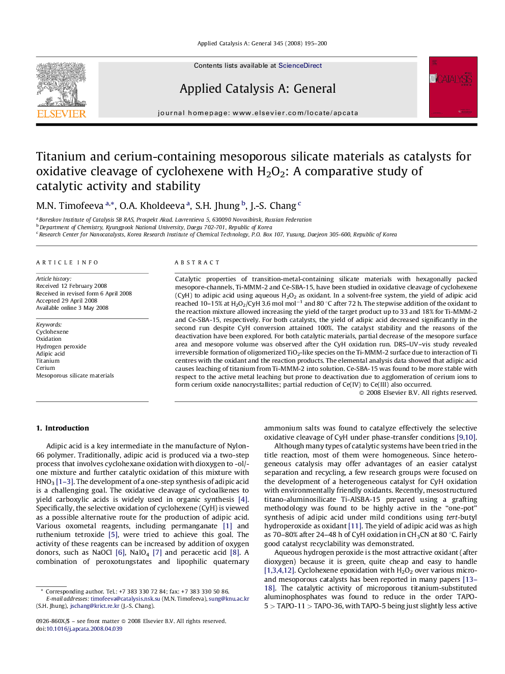 عکس صفحه اول مقاله: Titanium and cerium-containing mesoporous silicate materials as catalysts for oxidative cleavage of cyclohexene with H2O2: A comparative study of catalytic activity and stability Titanium and cerium-containing mesoporous silicate materials as catalysts for oxidative cleavage of cyclohexene with H2O2: A comparative study of catalytic activity and stability