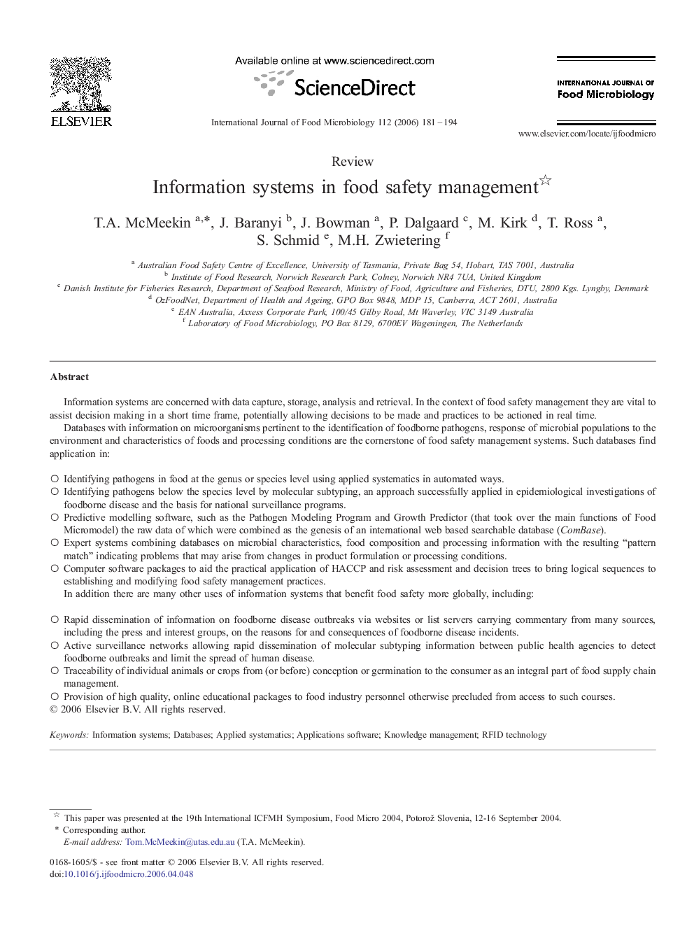 Information systems in food safety management 