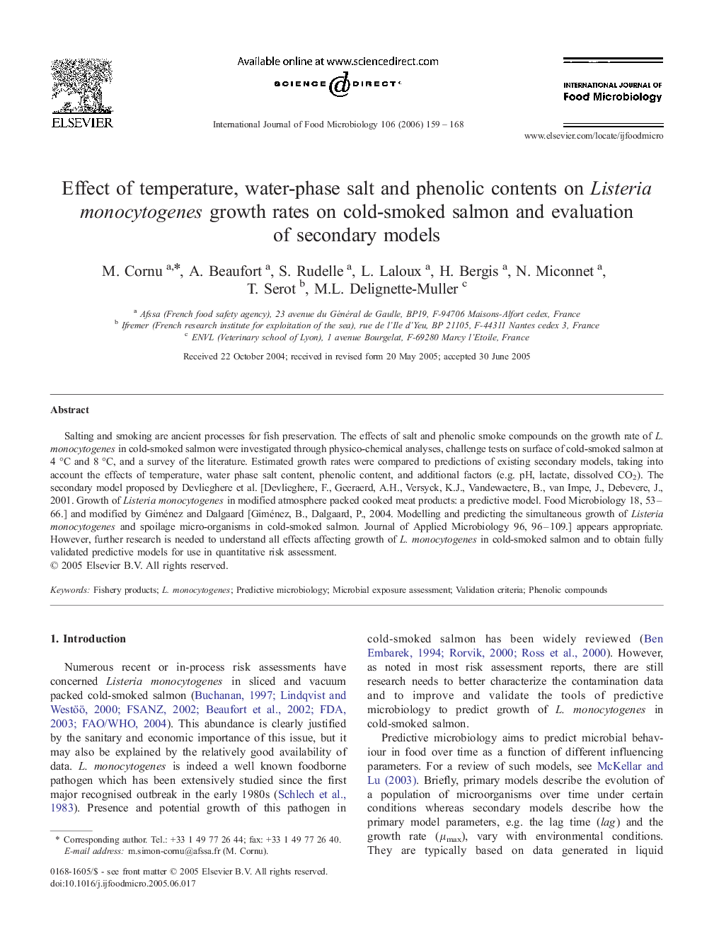 Effect of temperature, water-phase salt and phenolic contents on Listeria monocytogenes growth rates on cold-smoked salmon and evaluation of secondary models