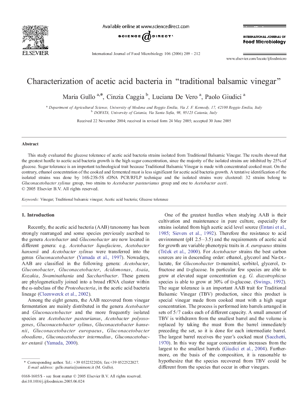 Characterization of acetic acid bacteria in “traditional balsamic vinegar”