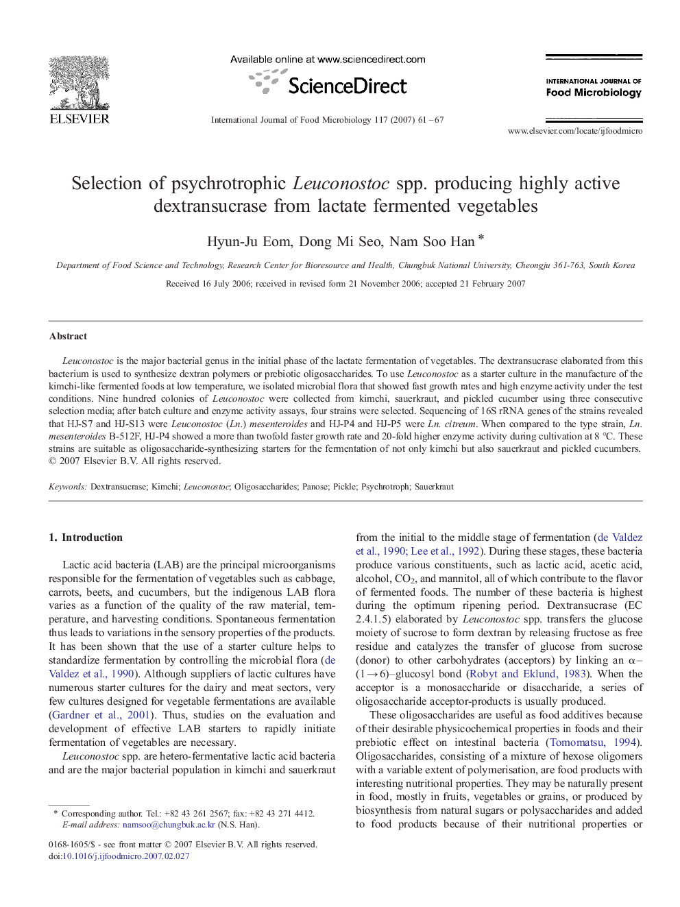 Selection of psychrotrophic Leuconostoc spp. producing highly active dextransucrase from lactate fermented vegetables