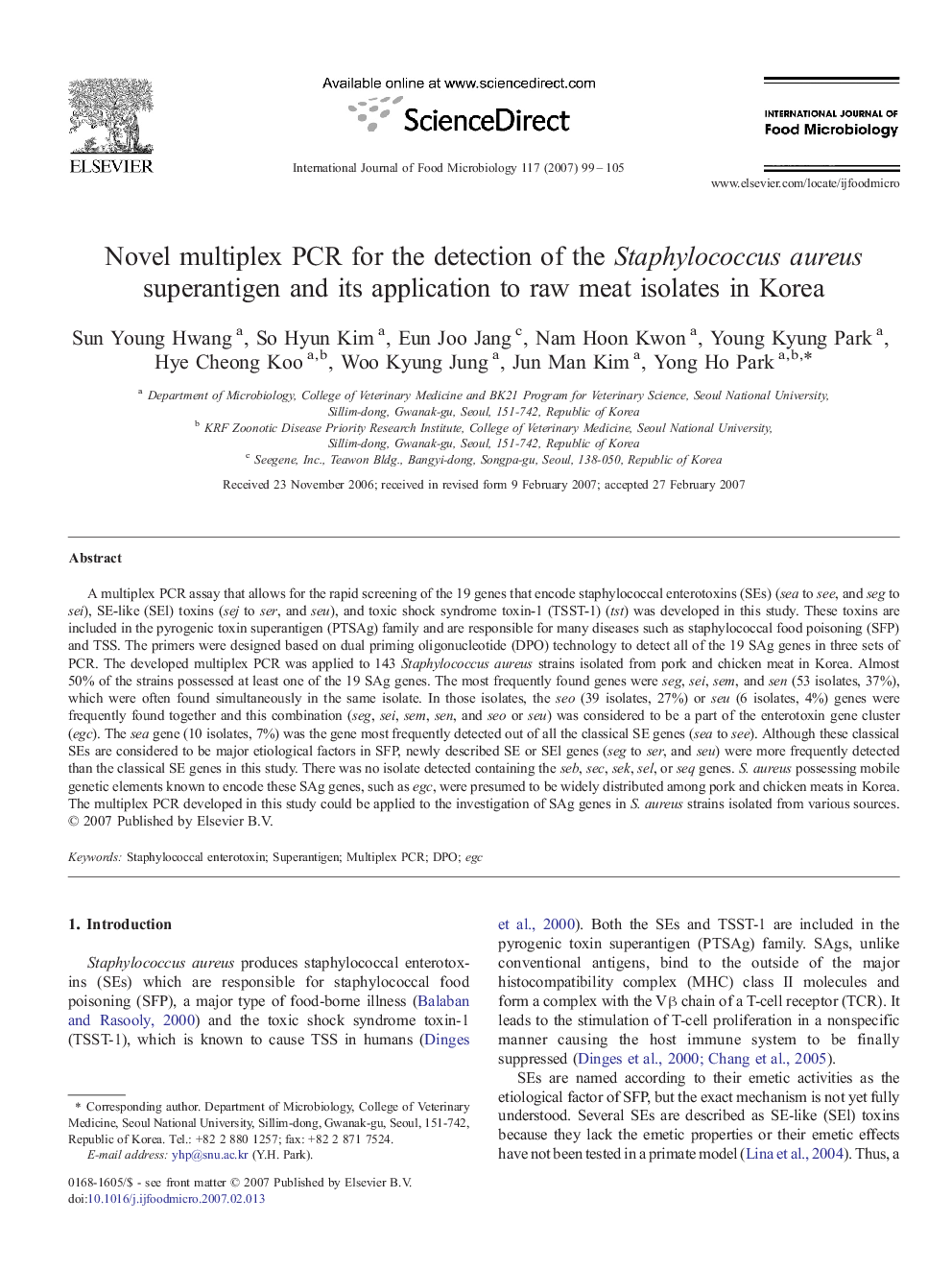 Novel multiplex PCR for the detection of the Staphylococcus aureus superantigen and its application to raw meat isolates in Korea