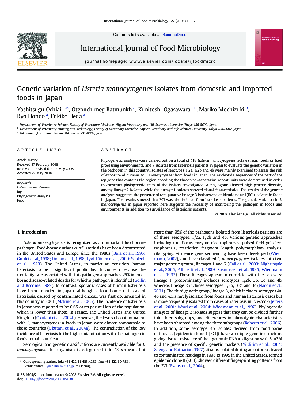 Genetic variation of Listeria monocytogenes isolates from domestic and imported foods in Japan