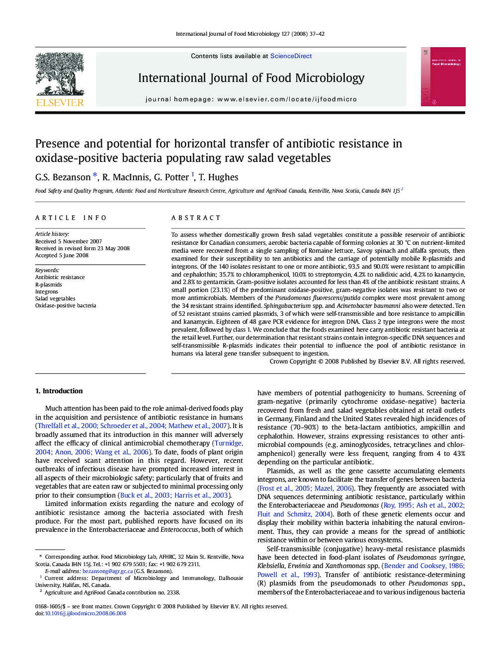 Presence and potential for horizontal transfer of antibiotic resistance in oxidase-positive bacteria populating raw salad vegetables