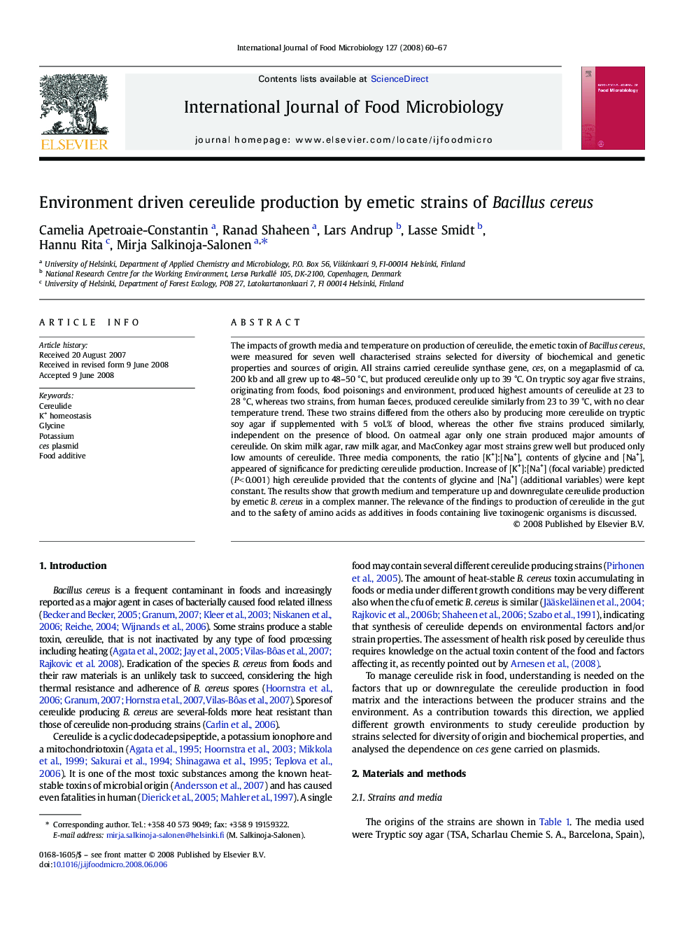 Environment driven cereulide production by emetic strains of Bacillus cereus